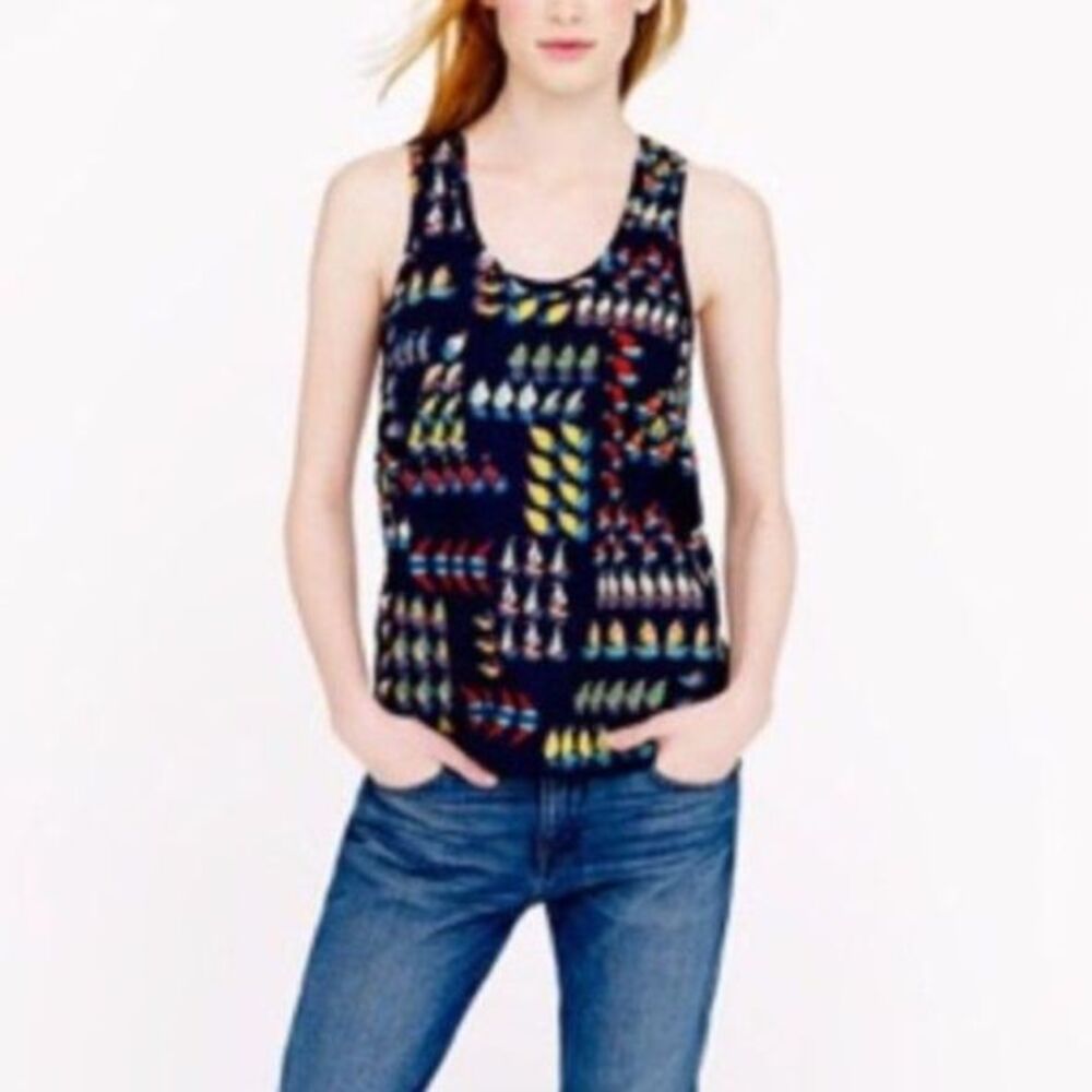 J. Crew Women's NWOT Navy Multicolor Ratti Regatta Sailboat Tank Top Size 12